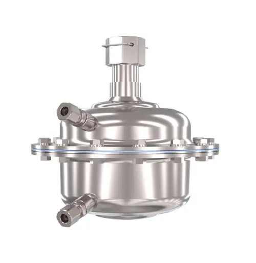 Edelstahl-Ventil mit zwei Anschlüssen, einem oberen Anschluss und sicherem Halteclip. Produkt von Danfoss, geeignet für spezifische industrielle Anwendungen.